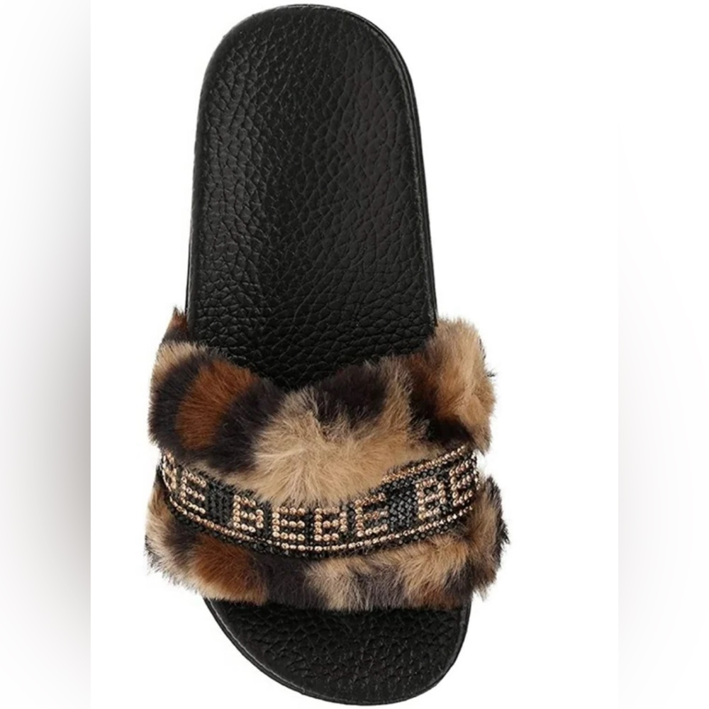 Bebe Fluffy Fur Leopard Slides Girls